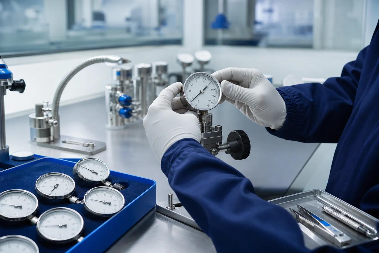 Quality technician calibrating a medical pressure gauge